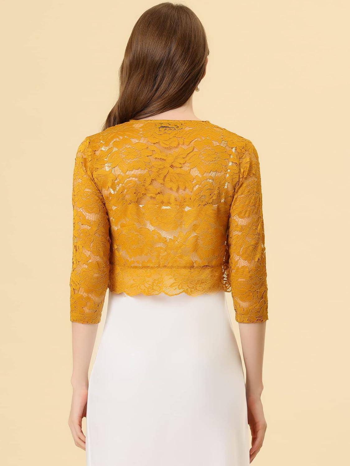 imageAllegra K Womens Elegant 34 Sleeve Sheer Floral Lace Shrug TopGinger