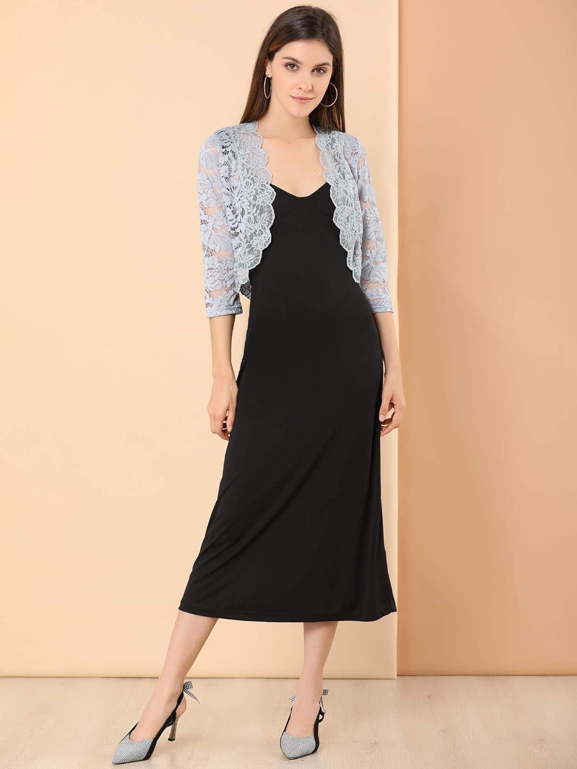 imageAllegra K Womens Elegant 34 Sleeve Sheer Floral Lace Shrug TopGray