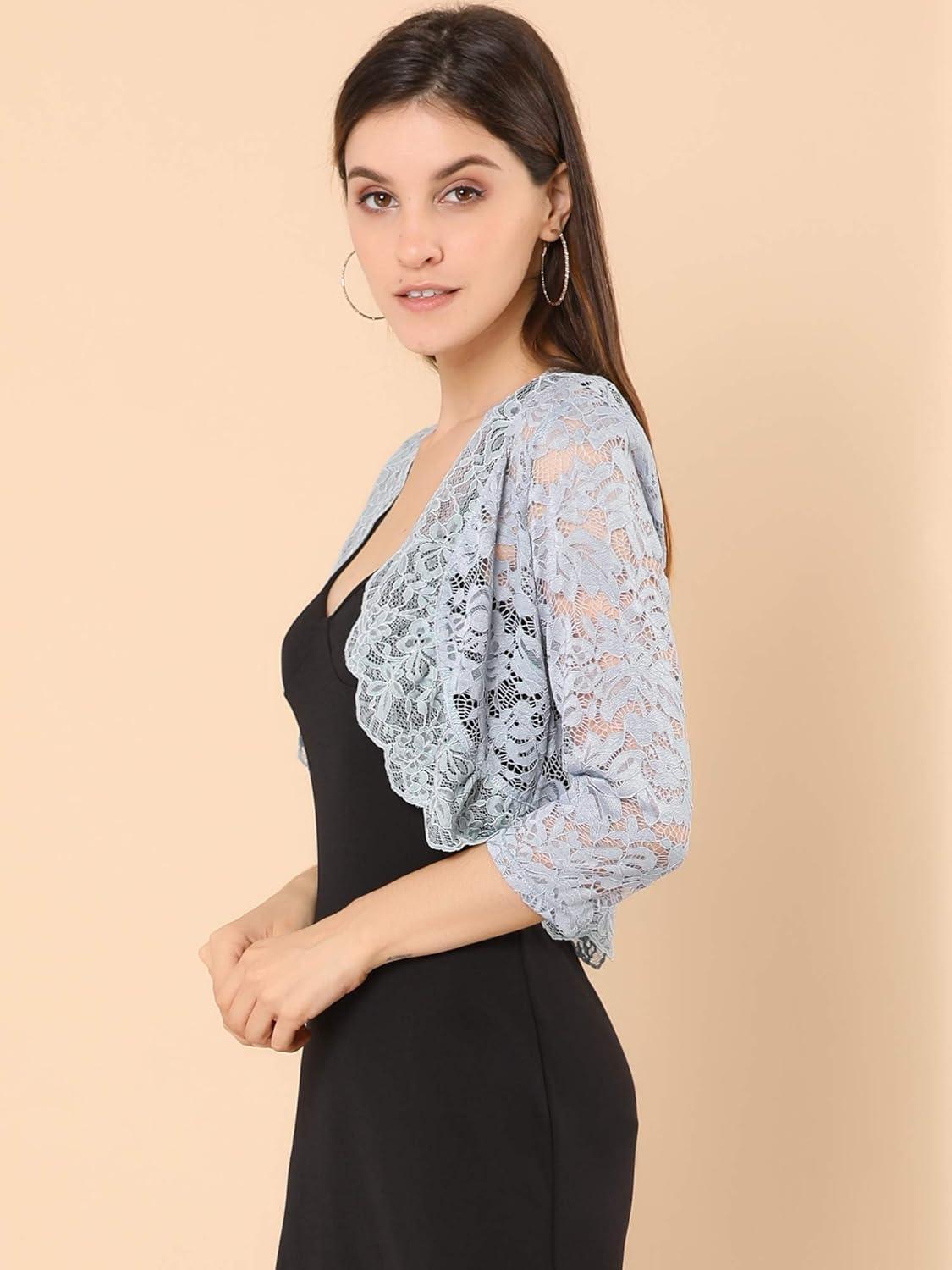 imageAllegra K Womens Elegant 34 Sleeve Sheer Floral Lace Shrug TopGray