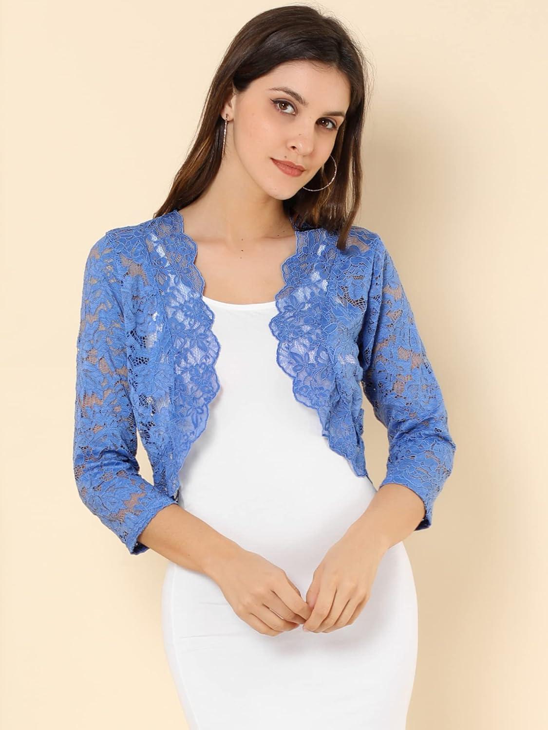 imageAllegra K Womens Elegant 34 Sleeve Sheer Floral Lace Shrug TopGray Blue