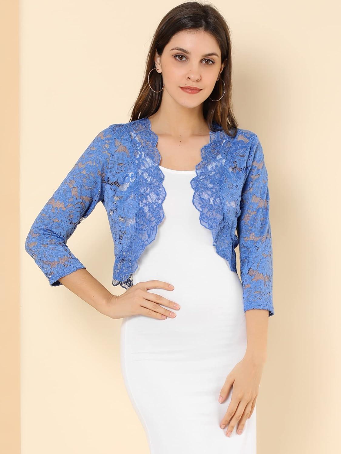 imageAllegra K Womens Elegant 34 Sleeve Sheer Floral Lace Shrug TopGray Blue