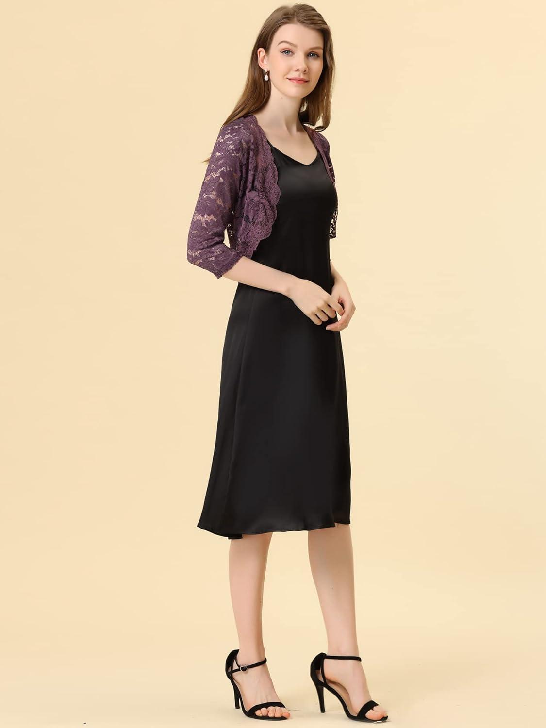 imageAllegra K Womens Elegant 34 Sleeve Sheer Floral Lace Shrug TopGray Purple