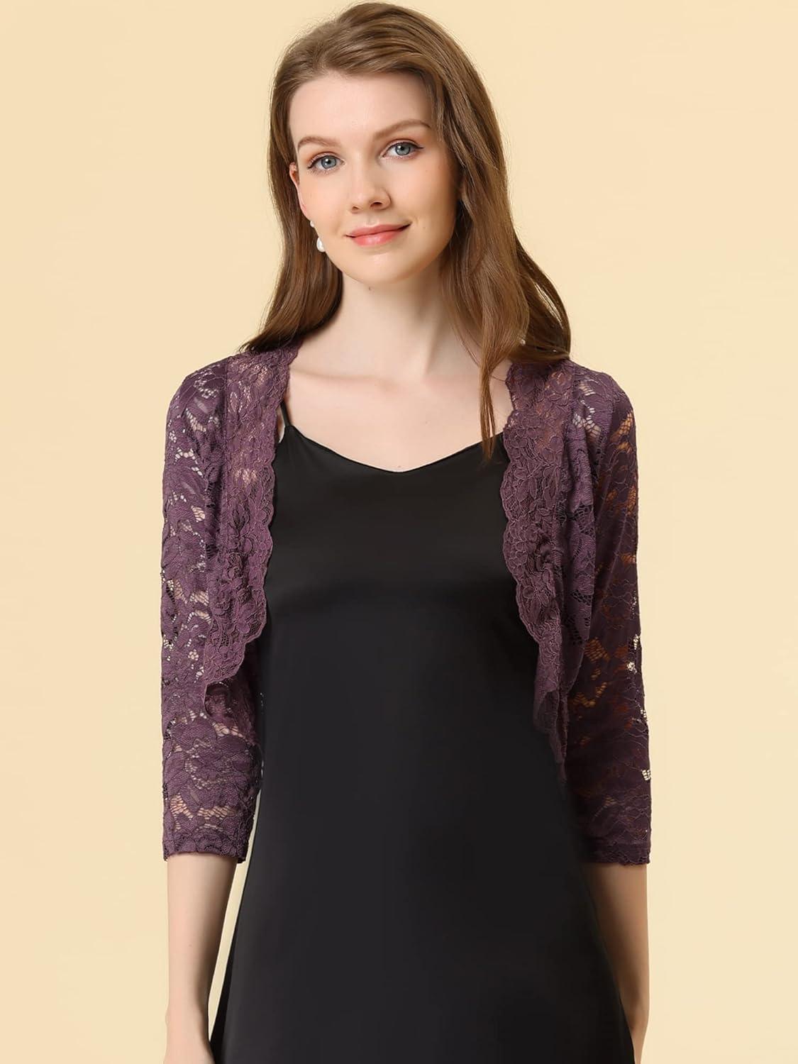 imageAllegra K Womens Elegant 34 Sleeve Sheer Floral Lace Shrug TopGray Purple