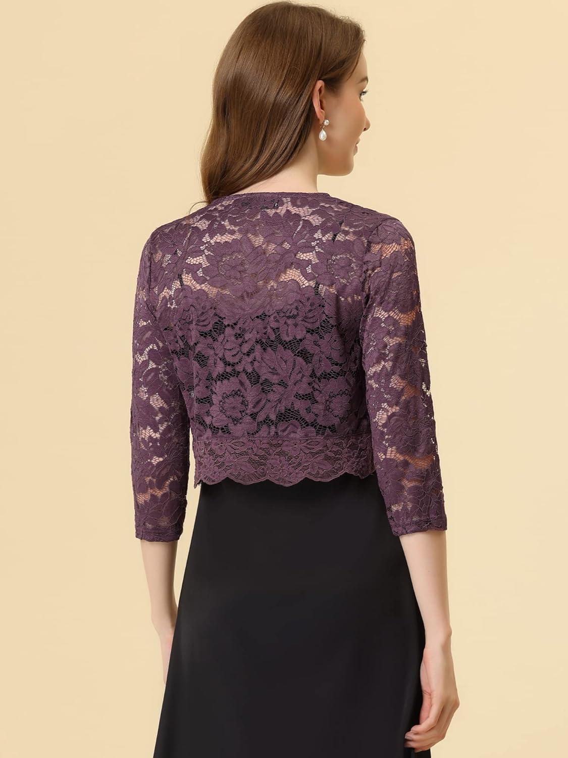 imageAllegra K Womens Elegant 34 Sleeve Sheer Floral Lace Shrug TopGray Purple