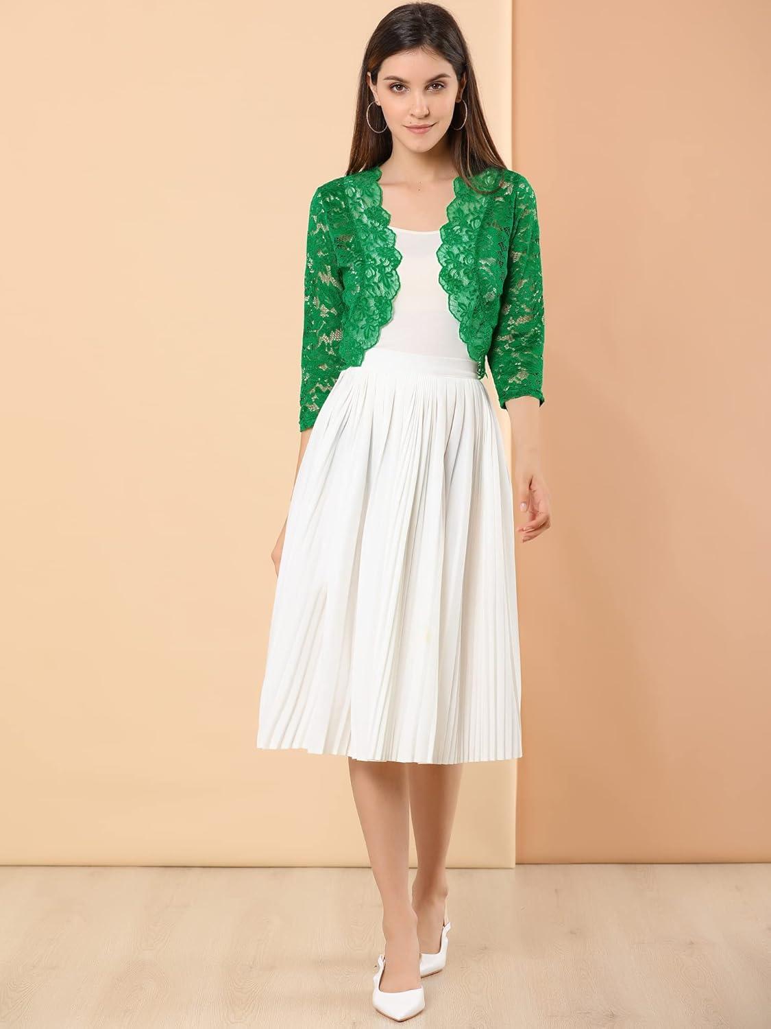 imageAllegra K Womens Elegant 34 Sleeve Sheer Floral Lace Shrug TopGreen