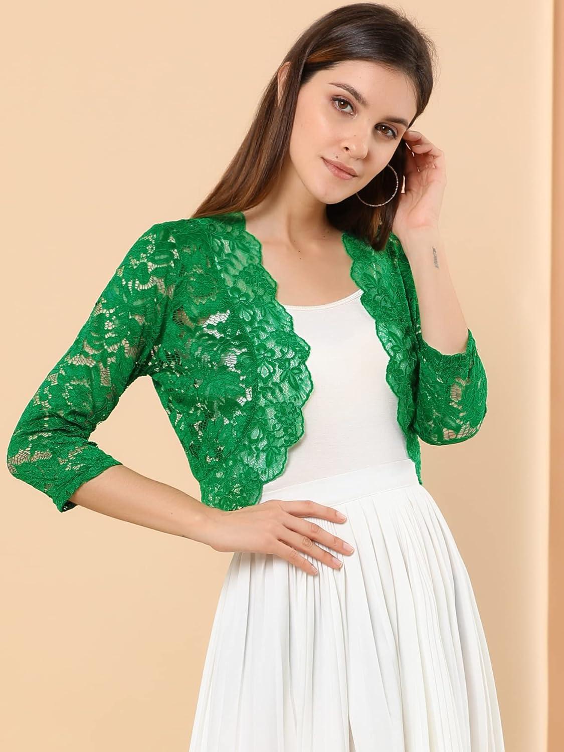 imageAllegra K Womens Elegant 34 Sleeve Sheer Floral Lace Shrug TopGreen