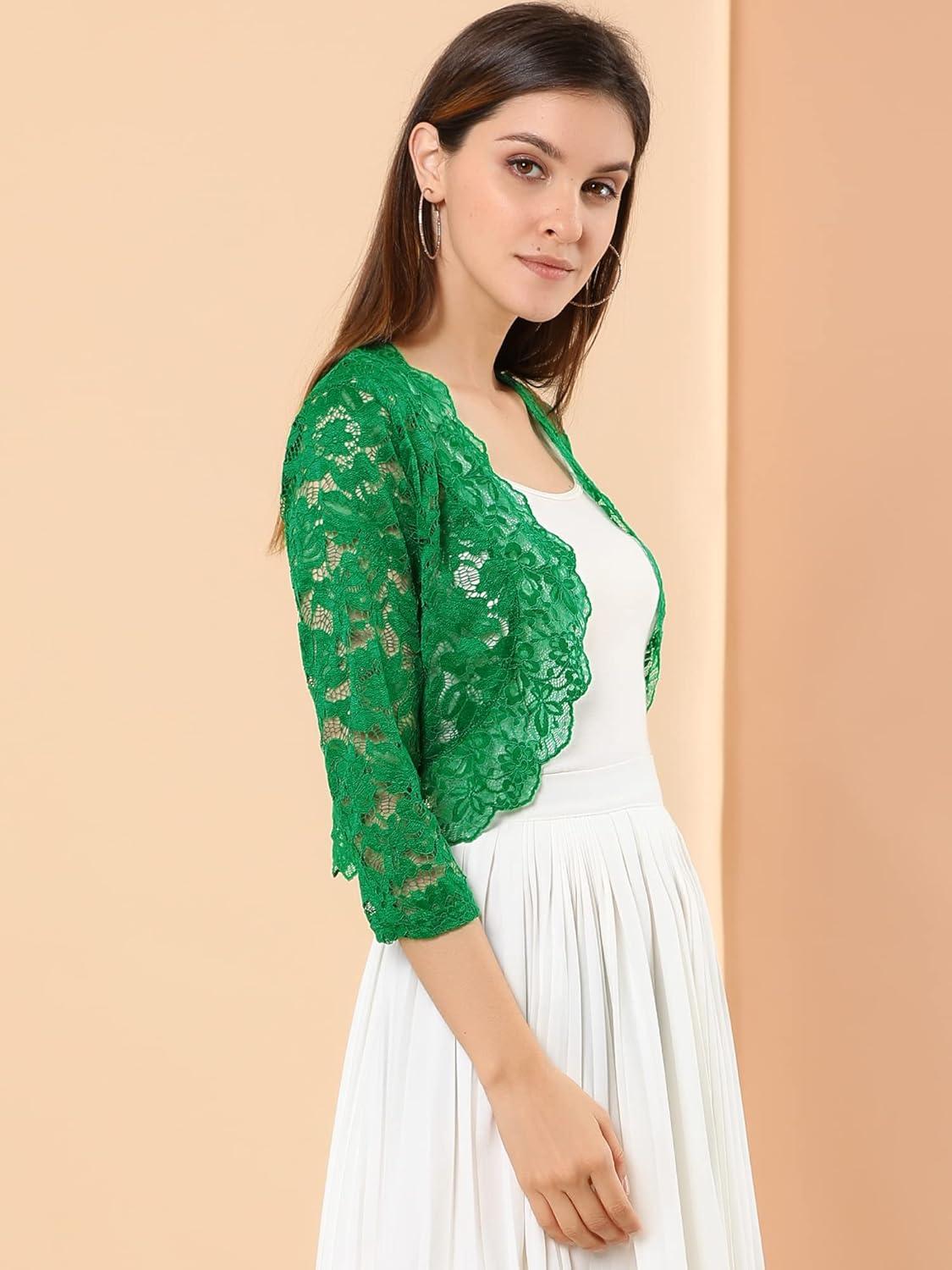 imageAllegra K Womens Elegant 34 Sleeve Sheer Floral Lace Shrug TopGreen