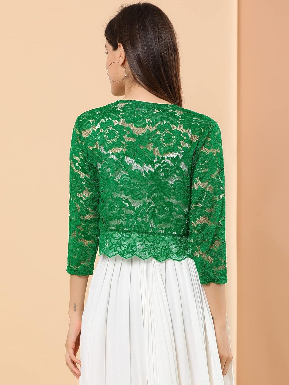 imageAllegra K Womens Elegant 34 Sleeve Sheer Floral Lace Shrug TopGreen