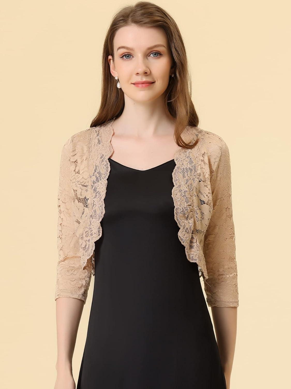 imageAllegra K Womens Elegant 34 Sleeve Sheer Floral Lace Shrug TopKhaki