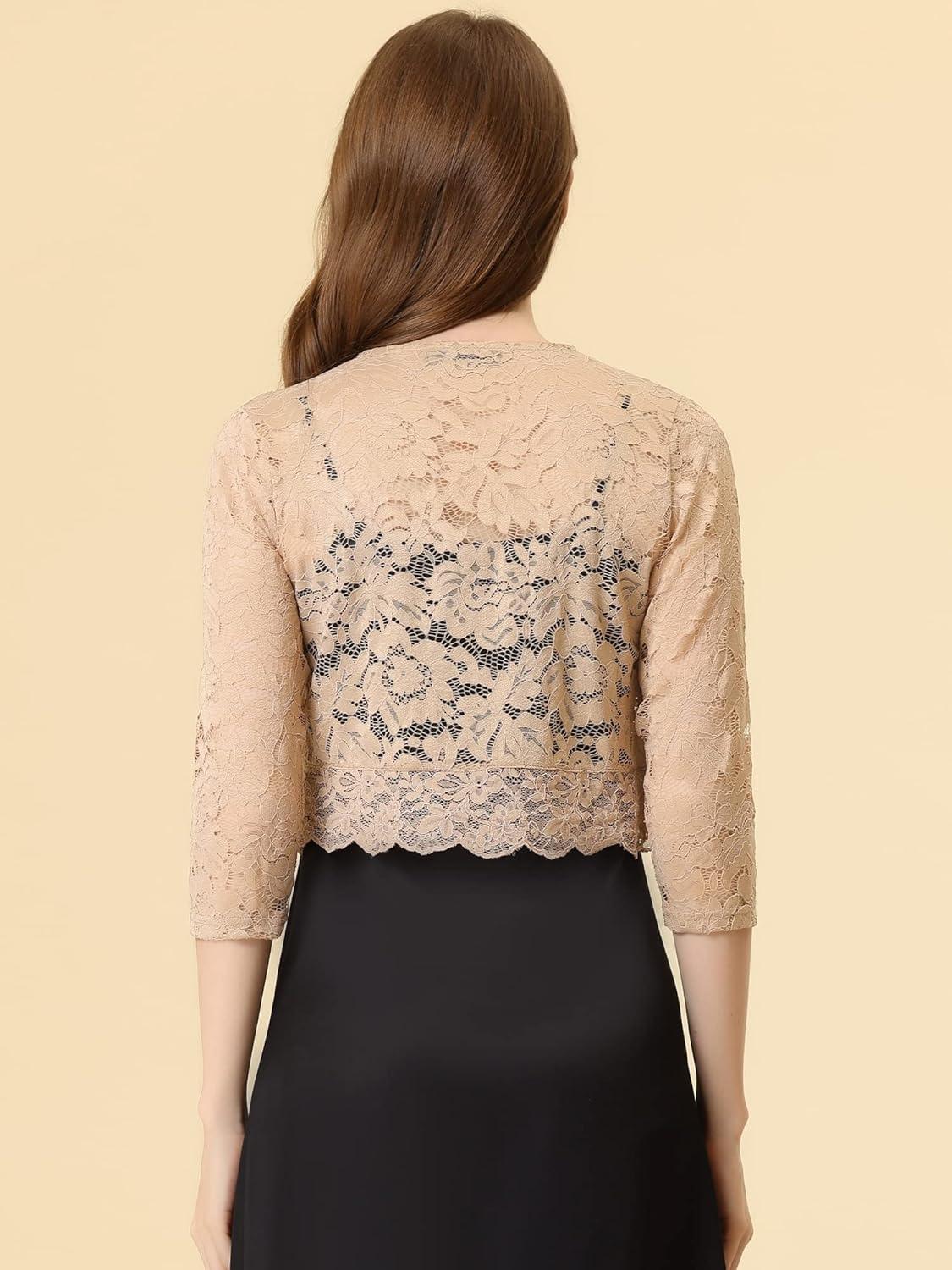 imageAllegra K Womens Elegant 34 Sleeve Sheer Floral Lace Shrug TopKhaki