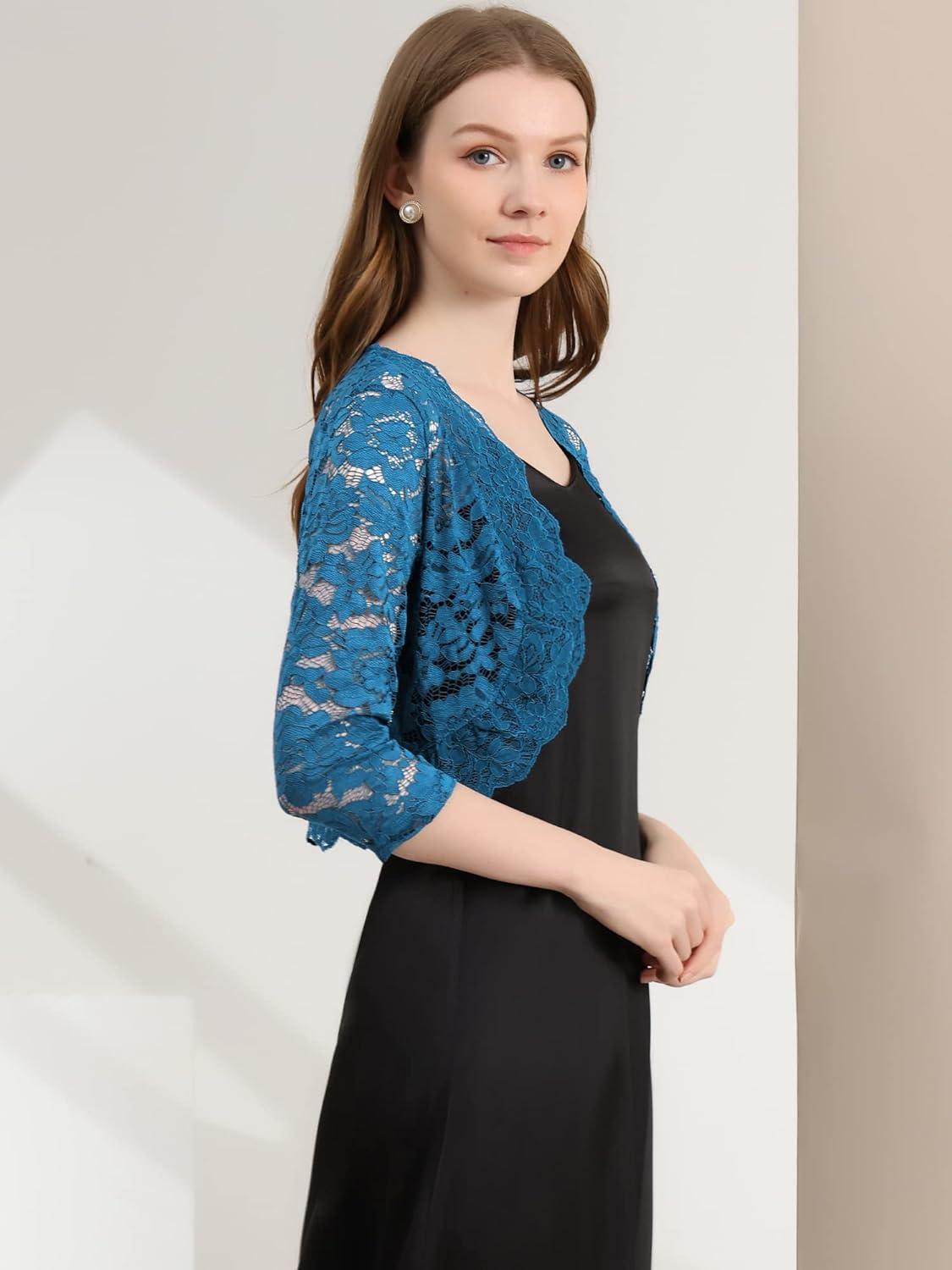 imageAllegra K Womens Elegant 34 Sleeve Sheer Floral Lace Shrug TopLake Blue