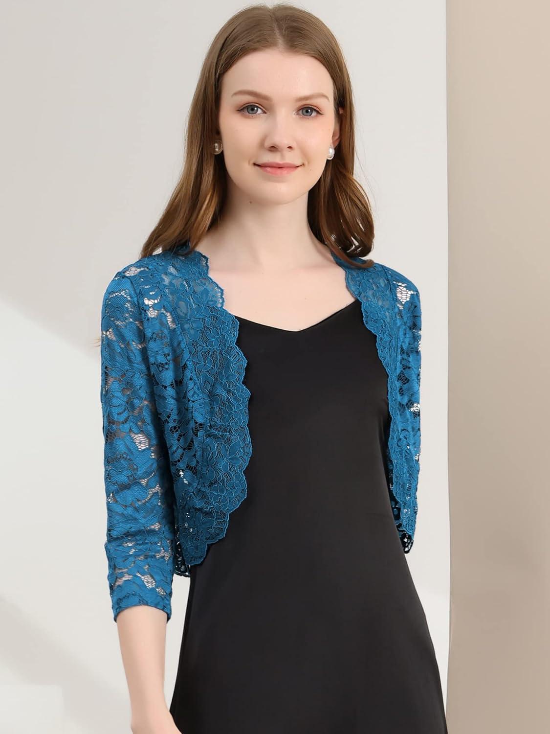 imageAllegra K Womens Elegant 34 Sleeve Sheer Floral Lace Shrug TopLake Blue