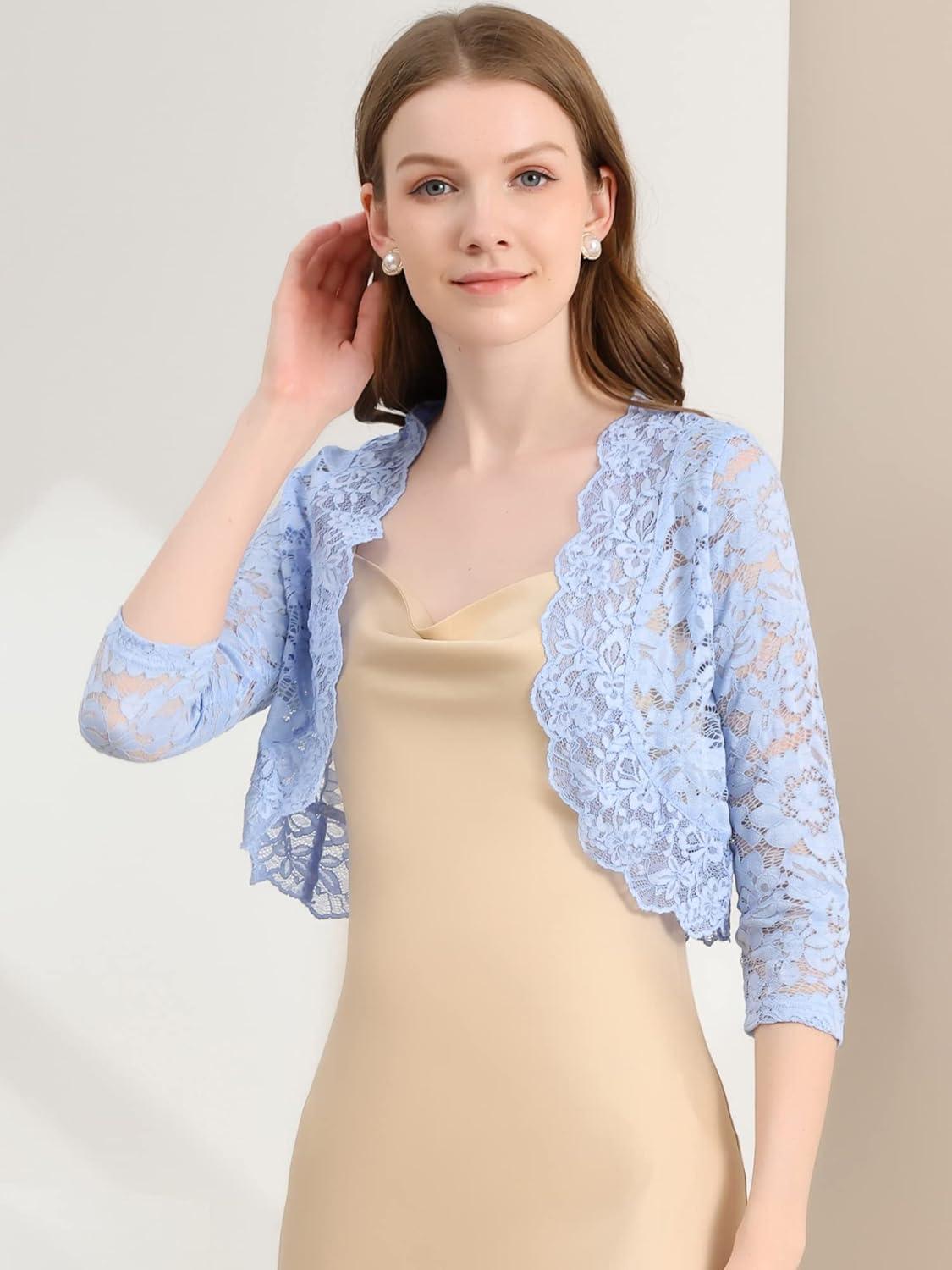 imageAllegra K Womens Elegant 34 Sleeve Sheer Floral Lace Shrug TopLight Blue