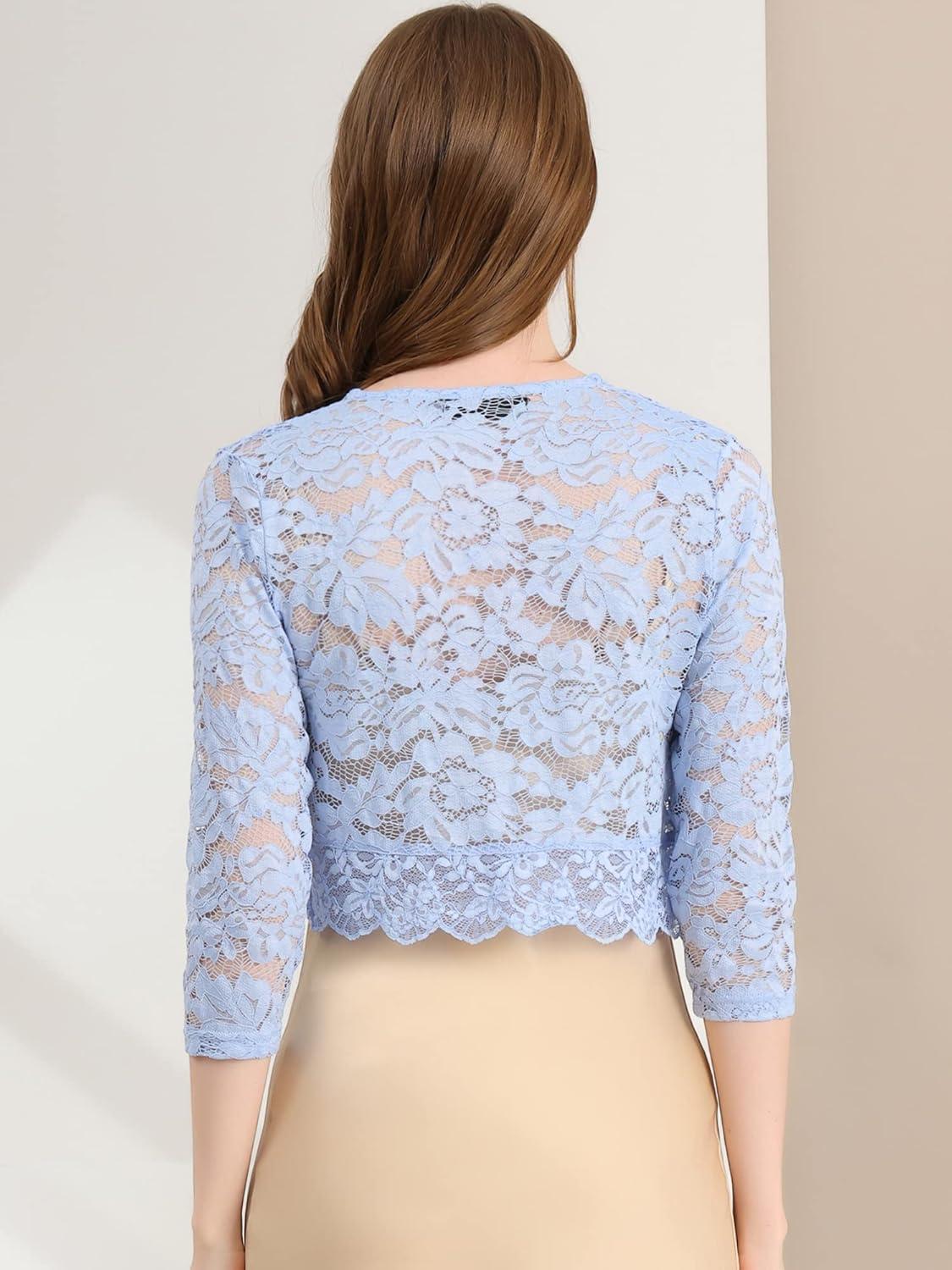imageAllegra K Womens Elegant 34 Sleeve Sheer Floral Lace Shrug TopLight Blue