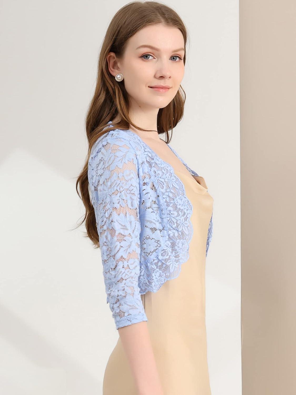 imageAllegra K Womens Elegant 34 Sleeve Sheer Floral Lace Shrug TopLight Blue