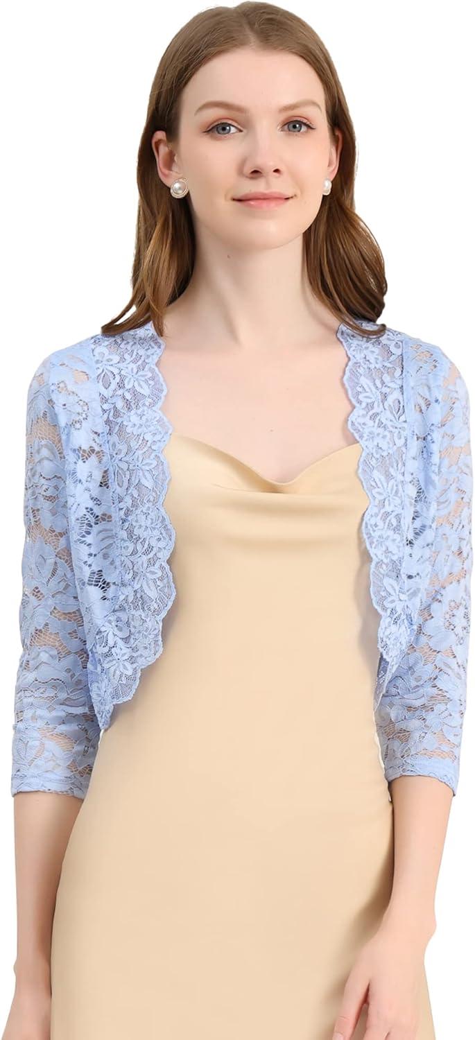 imageAllegra K Womens Elegant 34 Sleeve Sheer Floral Lace Shrug TopLight Blue