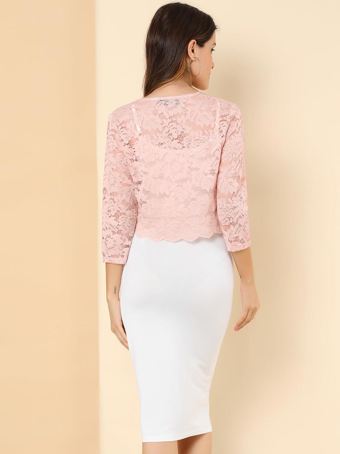 imageAllegra K Womens Elegant 34 Sleeve Sheer Floral Lace Shrug TopLight Pink