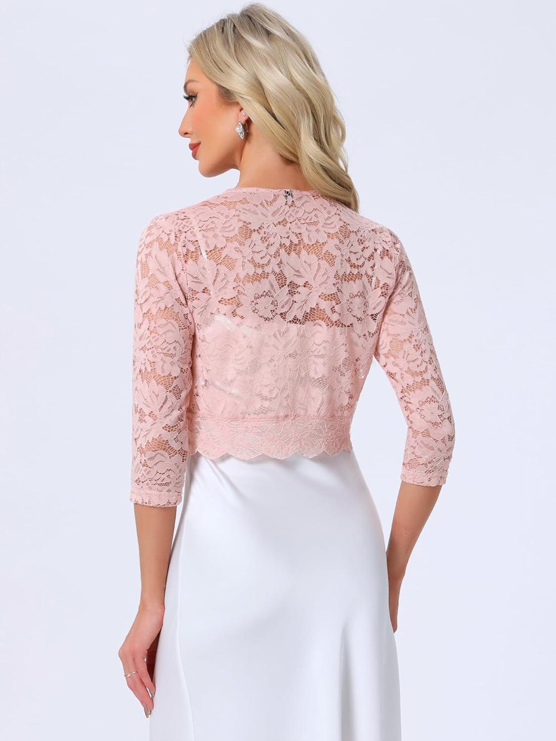 imageAllegra K Womens Elegant 34 Sleeve Sheer Floral Lace Shrug TopLight Pinks