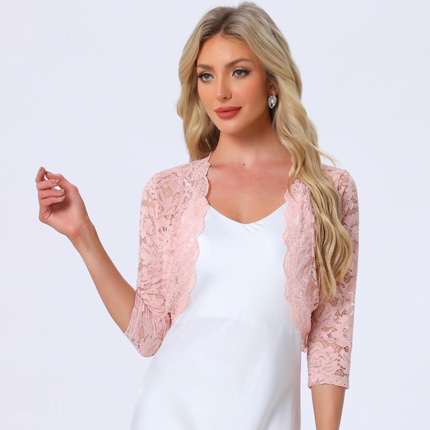 imageAllegra K Womens Elegant 34 Sleeve Sheer Floral Lace Shrug TopLight Pinks