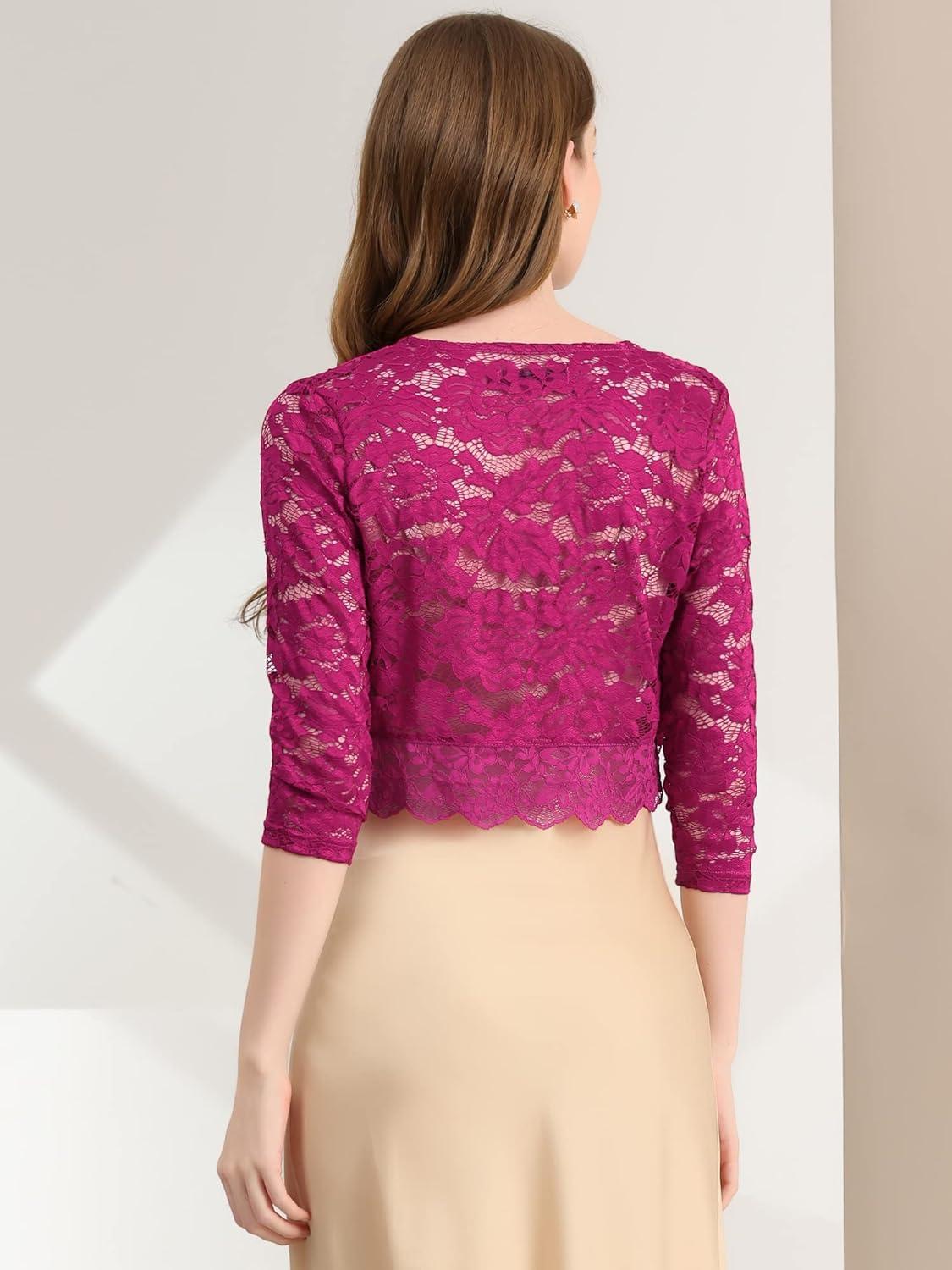 imageAllegra K Womens Elegant 34 Sleeve Sheer Floral Lace Shrug TopMulberryred