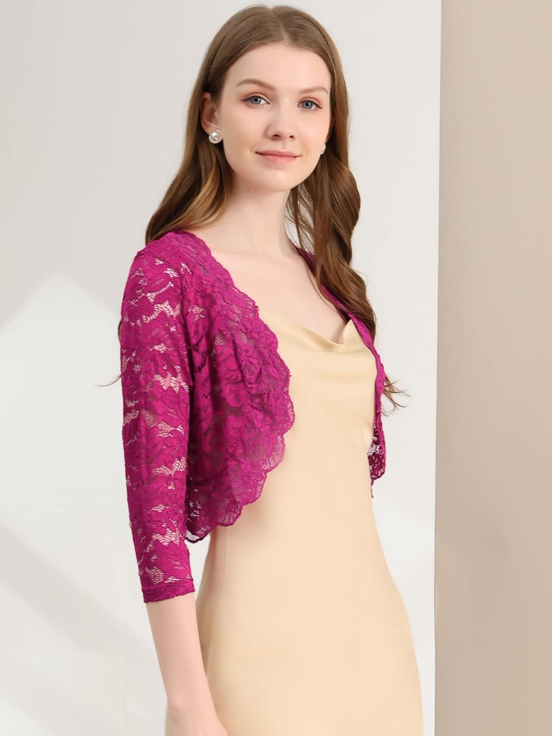 imageAllegra K Womens Elegant 34 Sleeve Sheer Floral Lace Shrug TopMulberryred