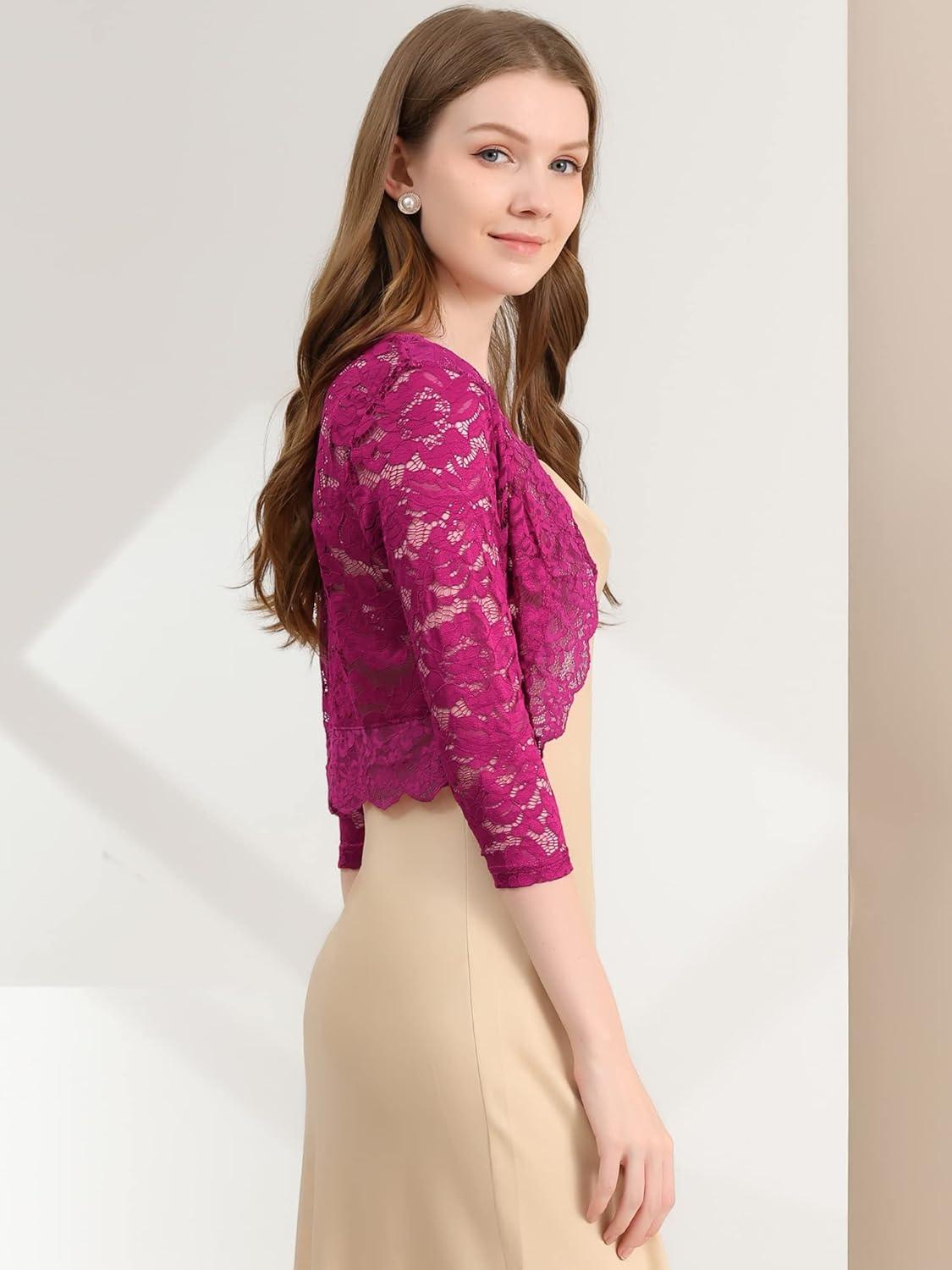 imageAllegra K Womens Elegant 34 Sleeve Sheer Floral Lace Shrug TopMulberryred