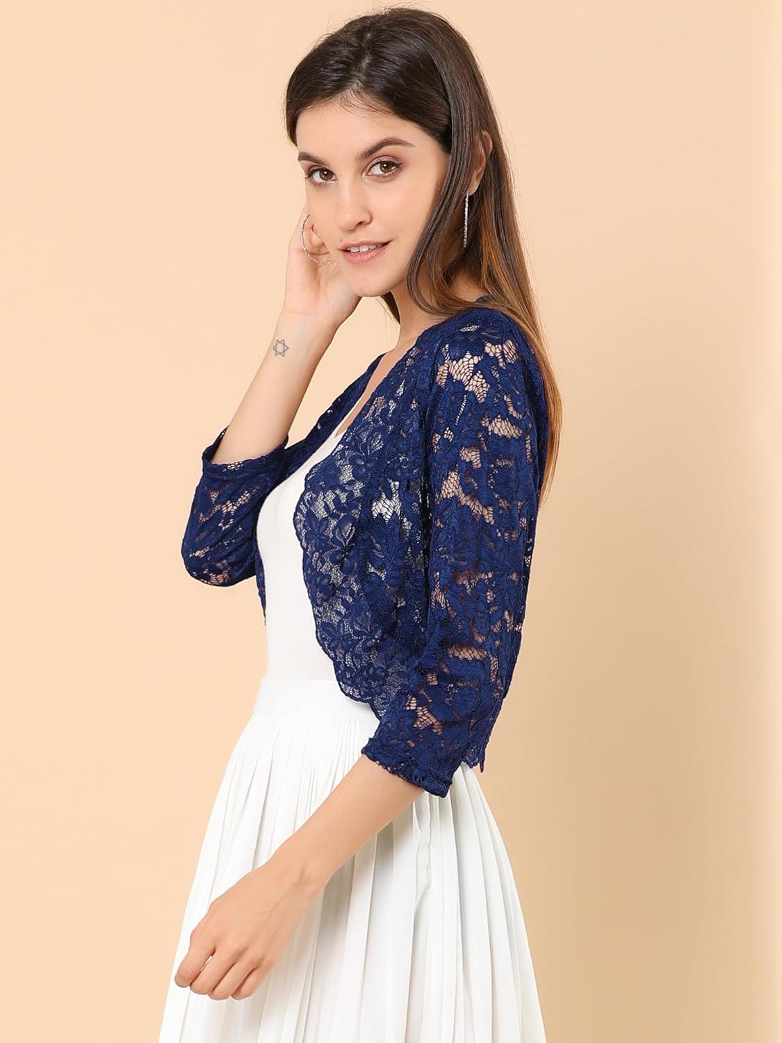 imageAllegra K Womens Elegant 34 Sleeve Sheer Floral Lace Shrug TopNavy
