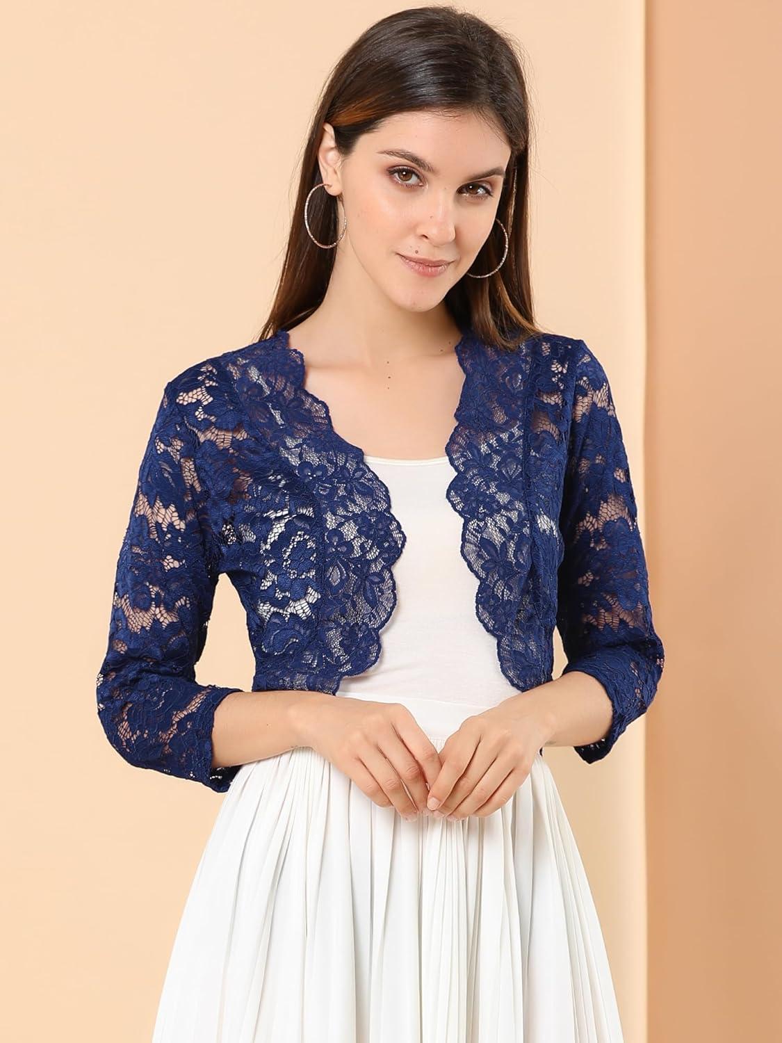 imageAllegra K Womens Elegant 34 Sleeve Sheer Floral Lace Shrug TopNavy