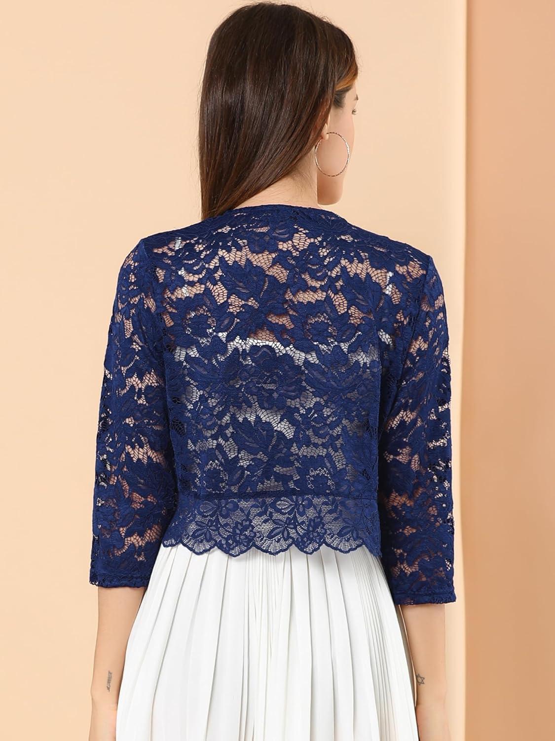 imageAllegra K Womens Elegant 34 Sleeve Sheer Floral Lace Shrug TopNavy