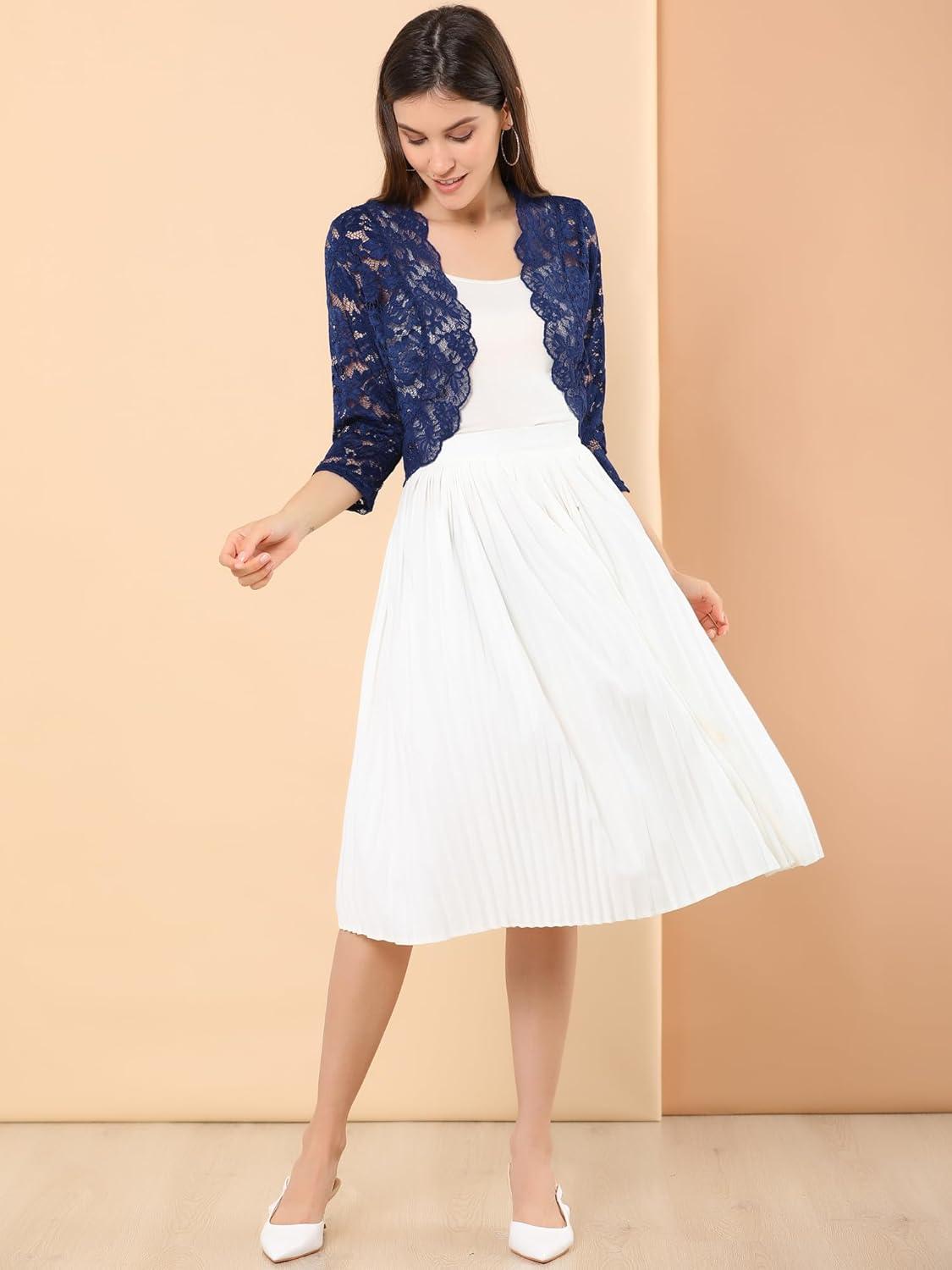 imageAllegra K Womens Elegant 34 Sleeve Sheer Floral Lace Shrug TopNavy