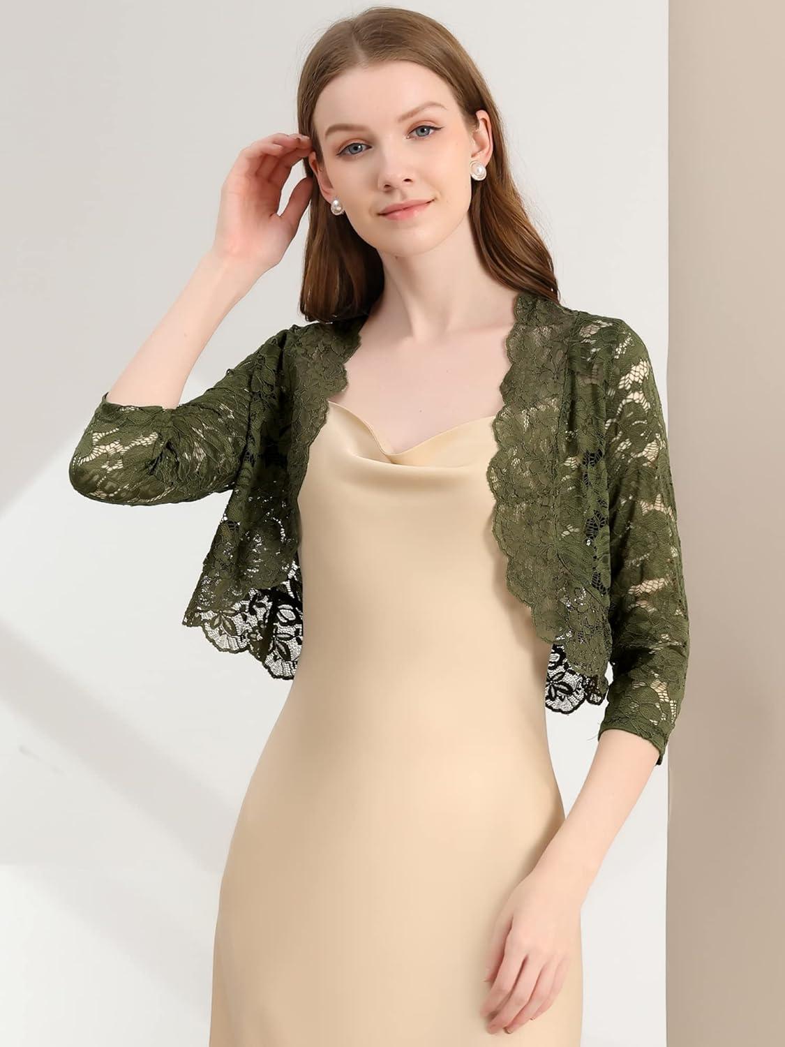 imageAllegra K Womens Elegant 34 Sleeve Sheer Floral Lace Shrug TopOlive Green