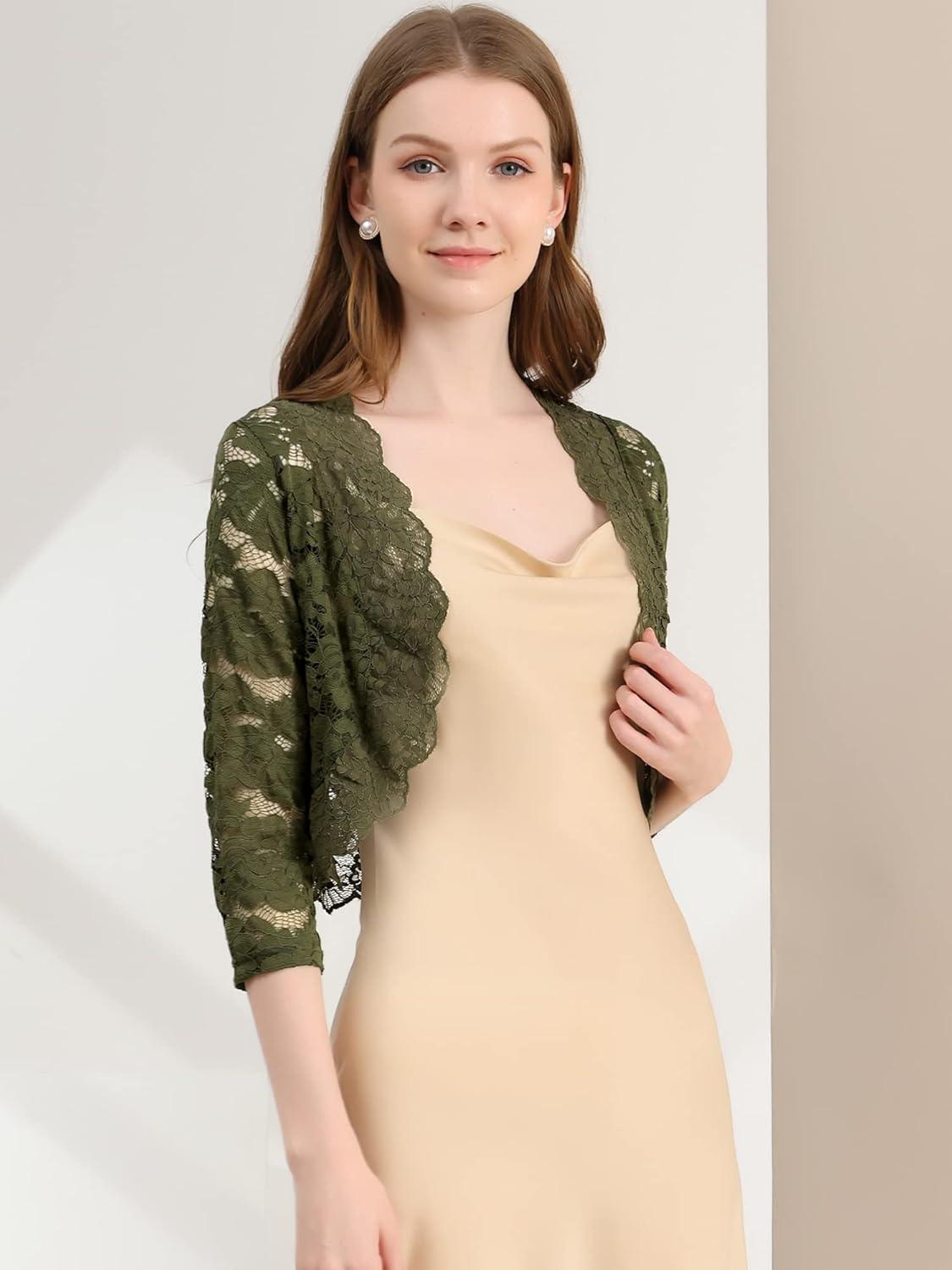 imageAllegra K Womens Elegant 34 Sleeve Sheer Floral Lace Shrug TopOlive Green