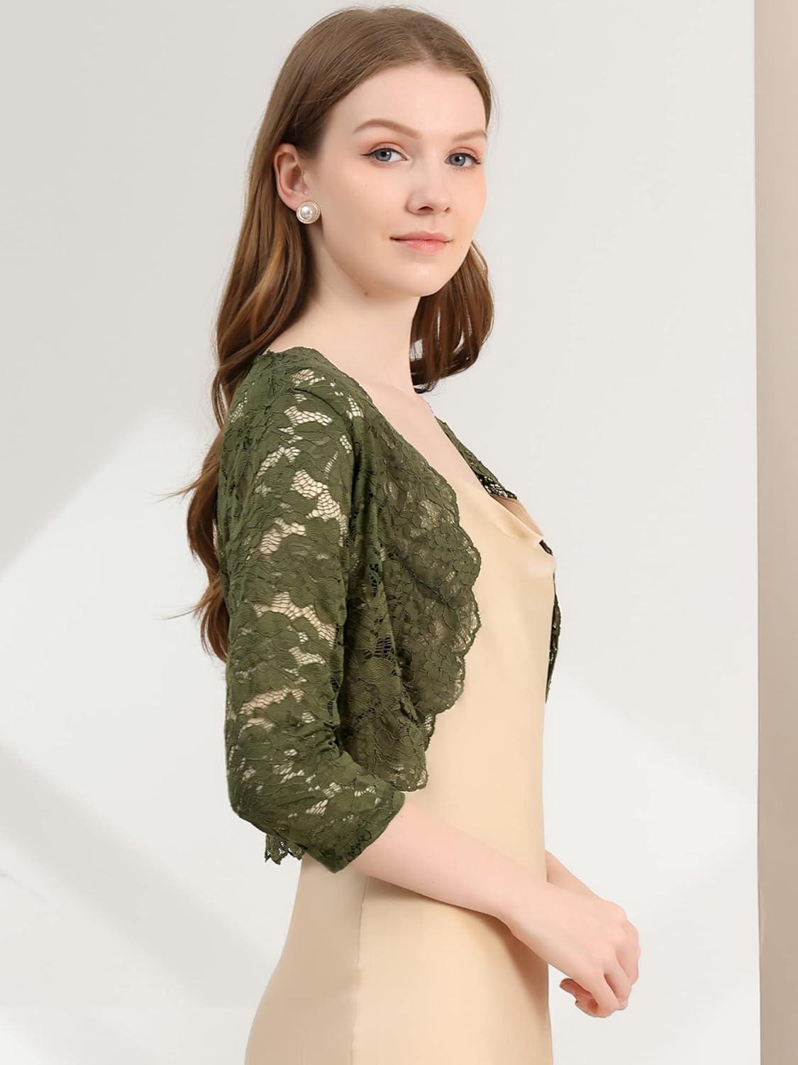 imageAllegra K Womens Elegant 34 Sleeve Sheer Floral Lace Shrug TopOlive Green