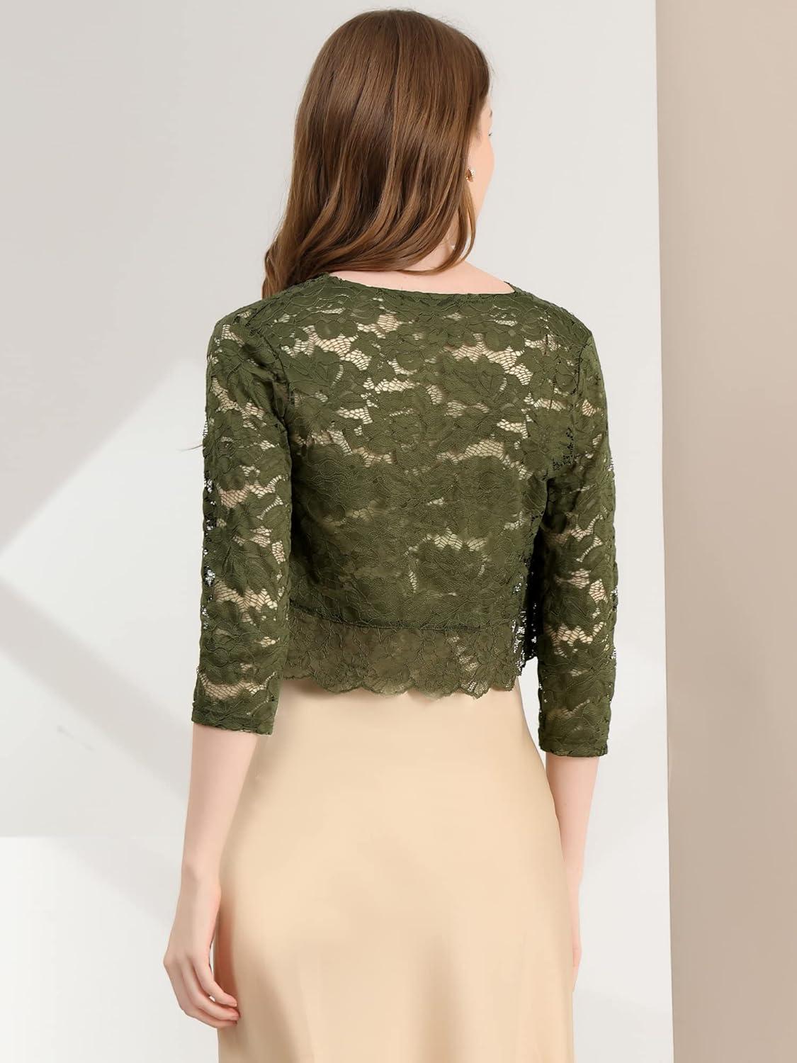 imageAllegra K Womens Elegant 34 Sleeve Sheer Floral Lace Shrug TopOlive Green