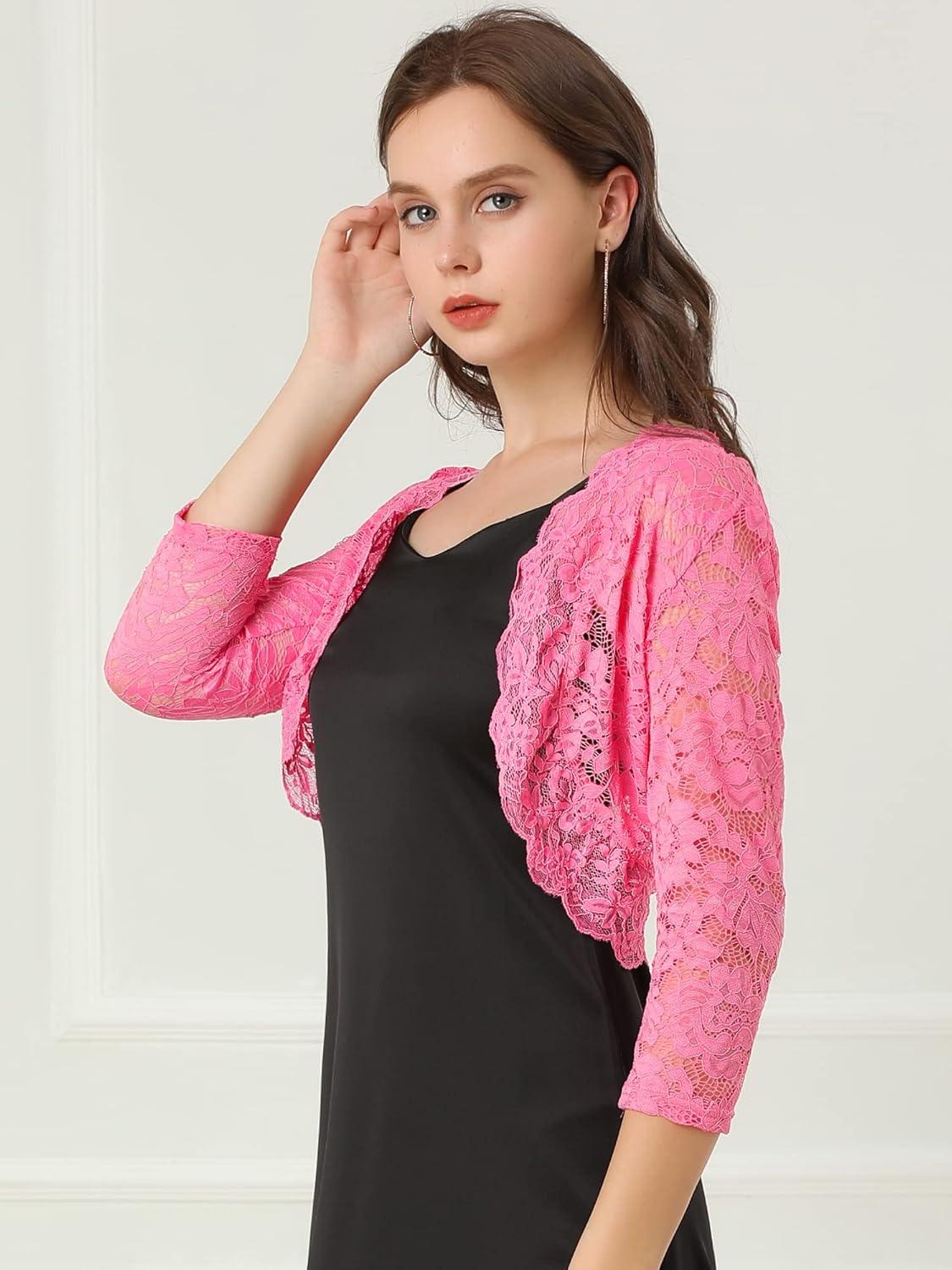 imageAllegra K Womens Elegant 34 Sleeve Sheer Floral Lace Shrug TopPink