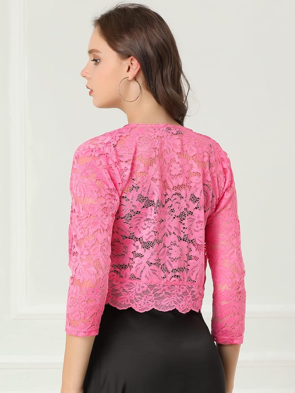 imageAllegra K Womens Elegant 34 Sleeve Sheer Floral Lace Shrug TopPink