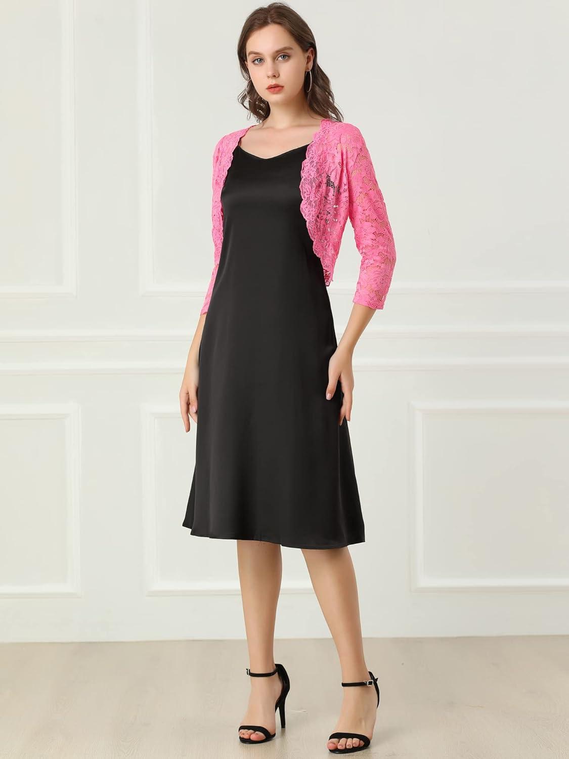 imageAllegra K Womens Elegant 34 Sleeve Sheer Floral Lace Shrug TopPink