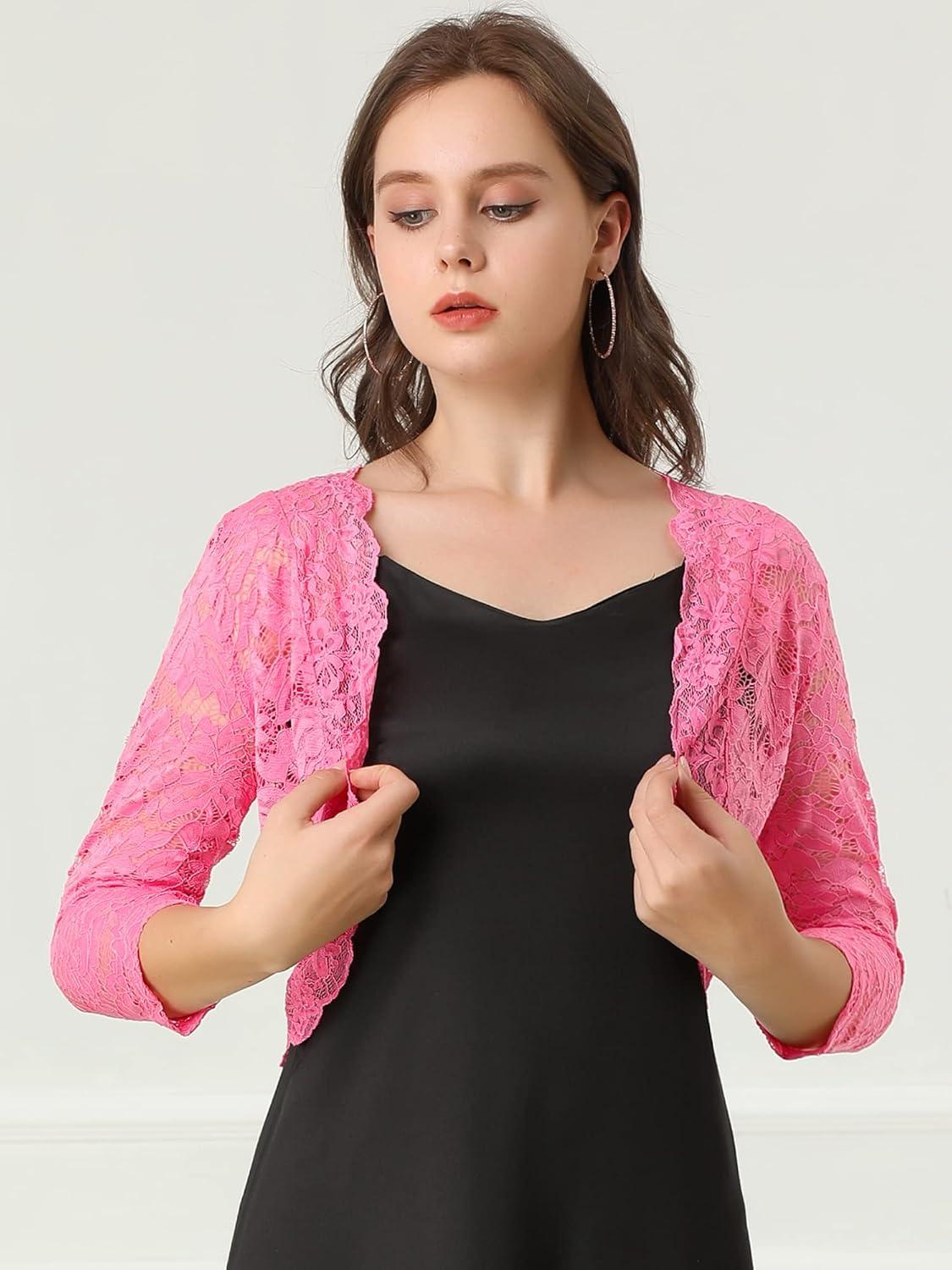 imageAllegra K Womens Elegant 34 Sleeve Sheer Floral Lace Shrug TopPink