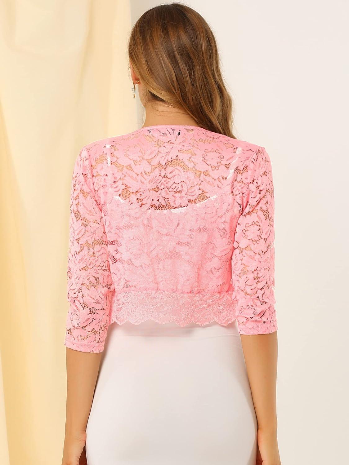 imageAllegra K Womens Elegant 34 Sleeve Sheer Floral Lace Shrug TopPinks