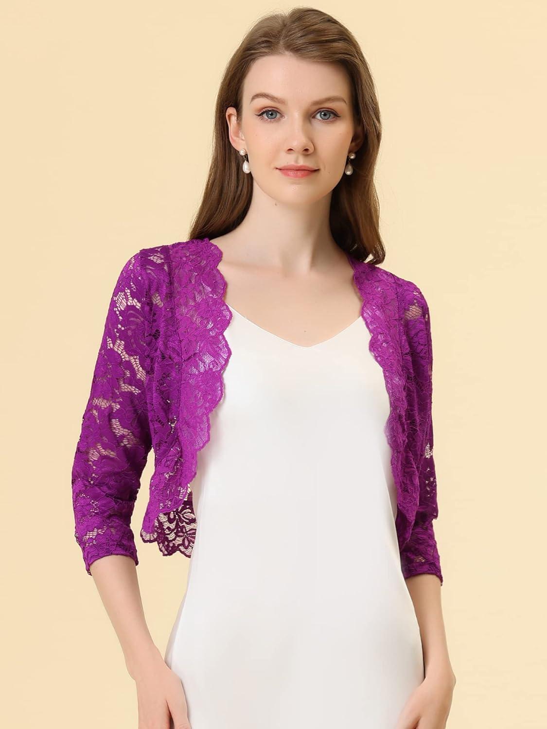 imageAllegra K Womens Elegant 34 Sleeve Sheer Floral Lace Shrug TopRose Purple