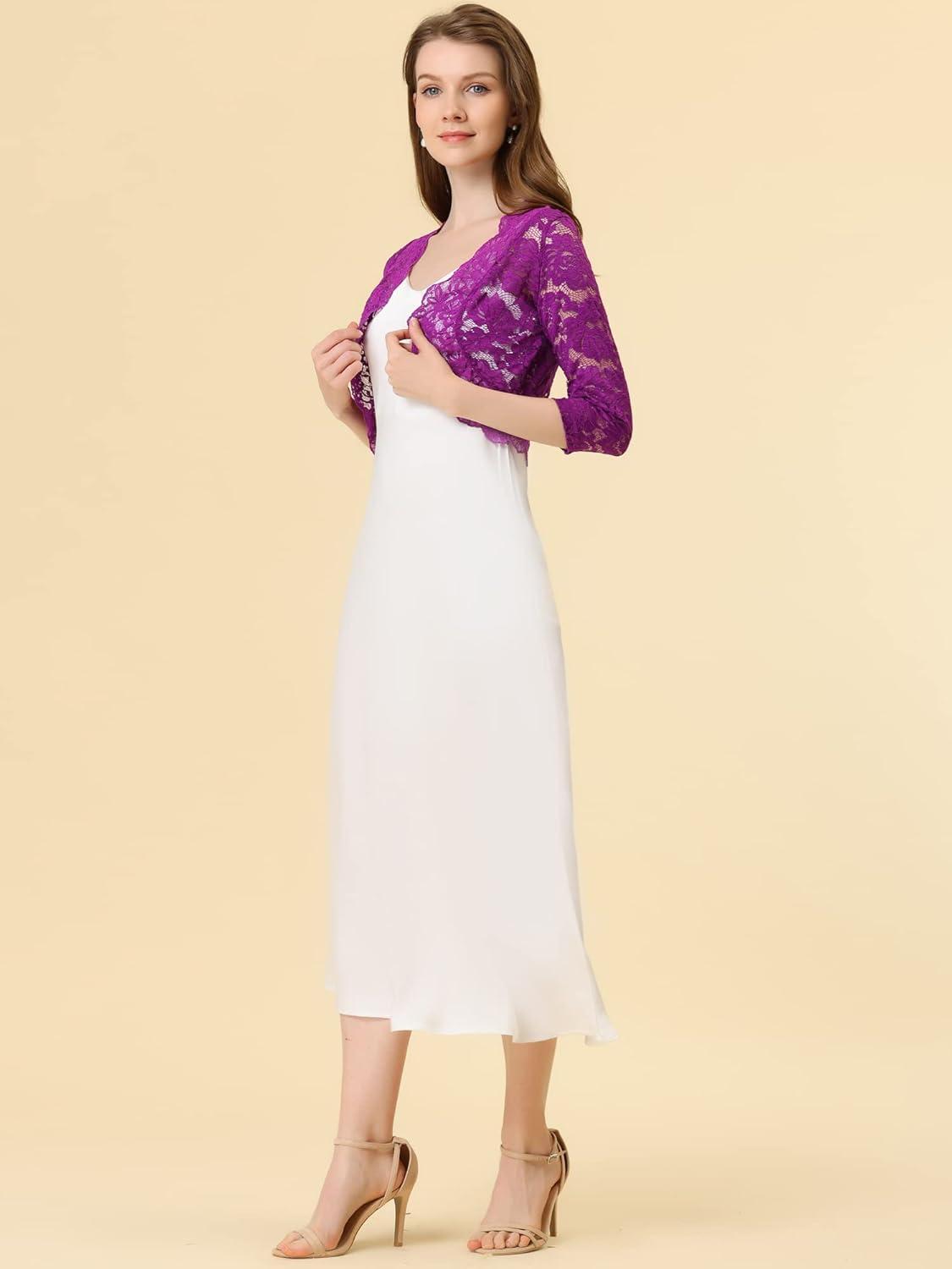 imageAllegra K Womens Elegant 34 Sleeve Sheer Floral Lace Shrug TopRose Purple