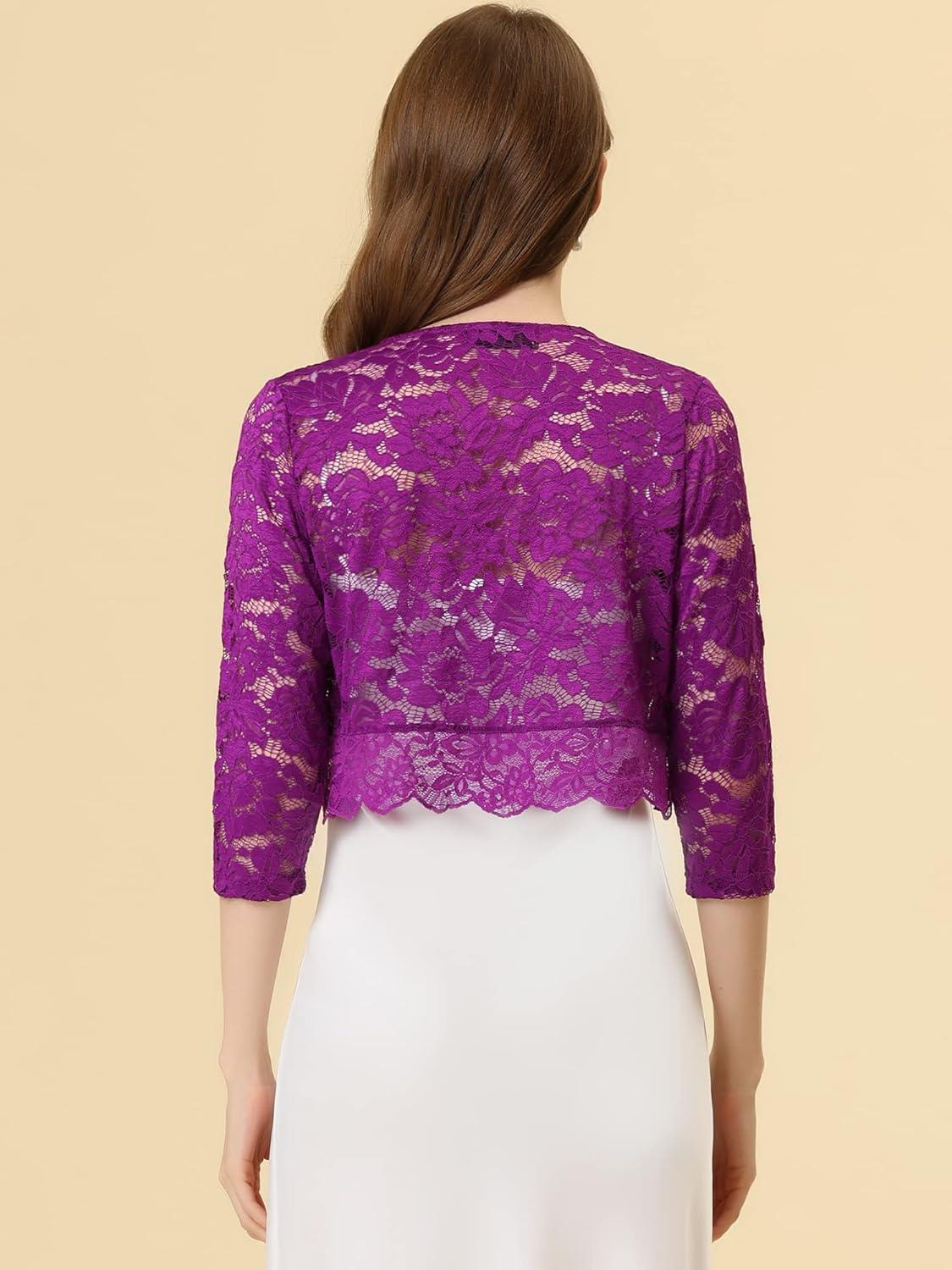 imageAllegra K Womens Elegant 34 Sleeve Sheer Floral Lace Shrug TopRose Purple