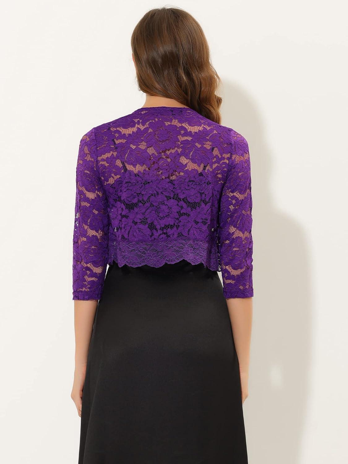 imageAllegra K Womens Elegant 34 Sleeve Sheer Floral Lace Shrug TopViolet