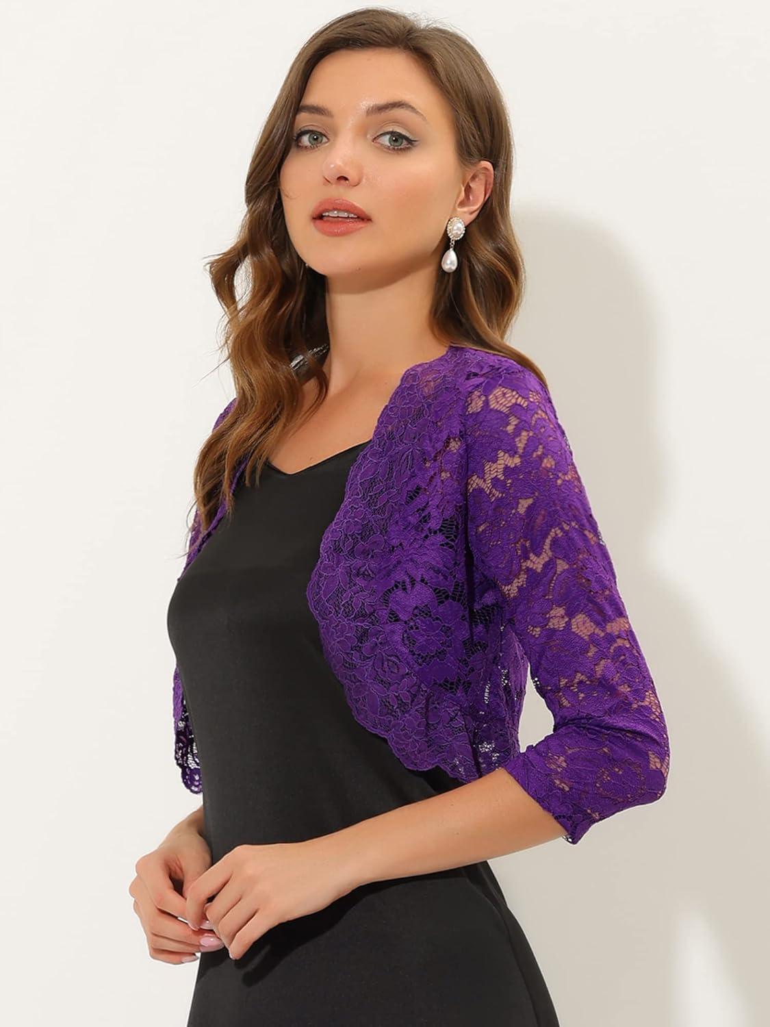 imageAllegra K Womens Elegant 34 Sleeve Sheer Floral Lace Shrug TopViolet