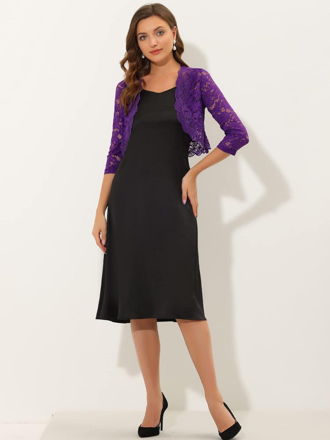 imageAllegra K Womens Elegant 34 Sleeve Sheer Floral Lace Shrug TopViolet