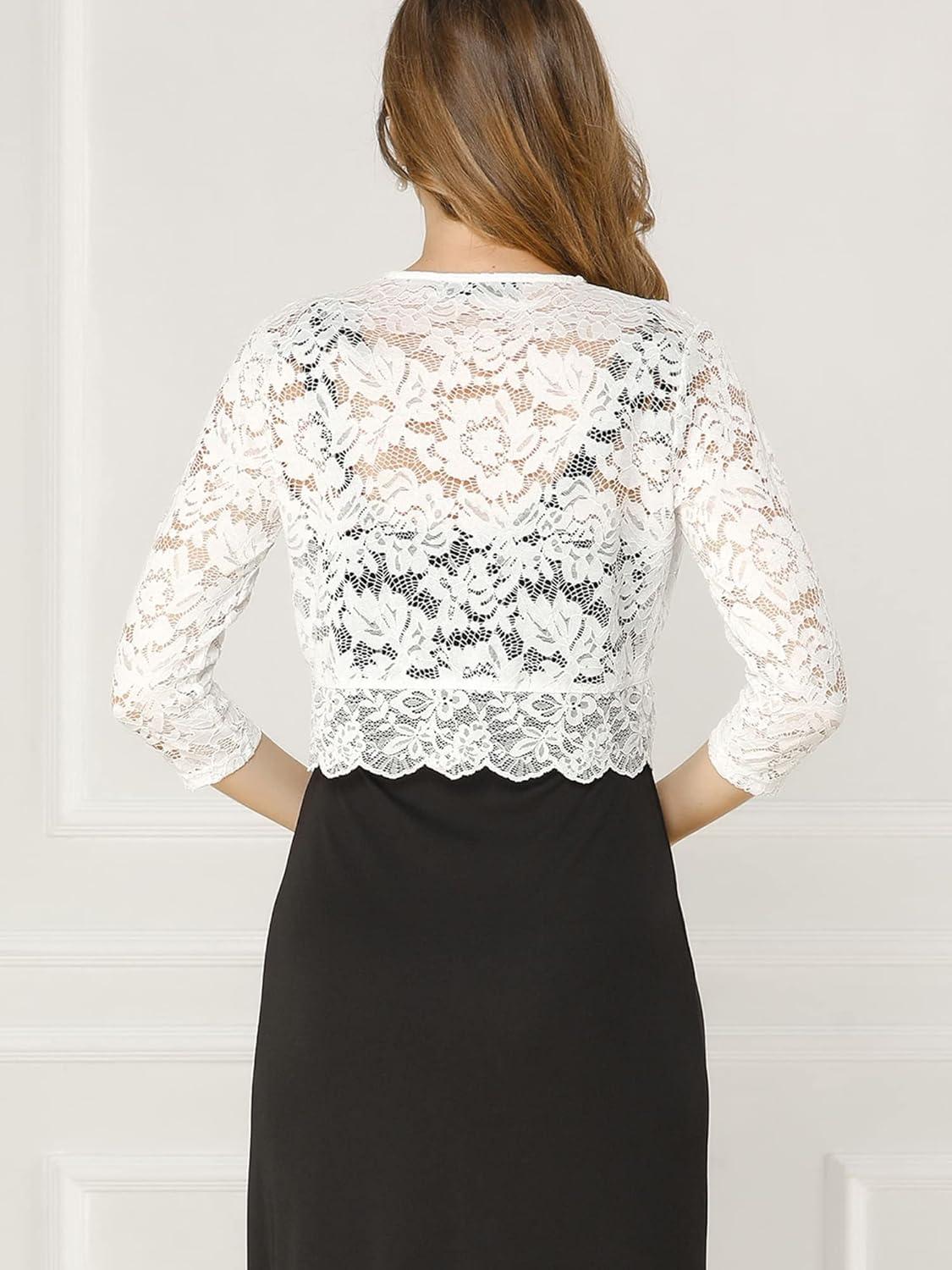 imageAllegra K Womens Elegant 34 Sleeve Sheer Floral Lace Shrug TopWhite