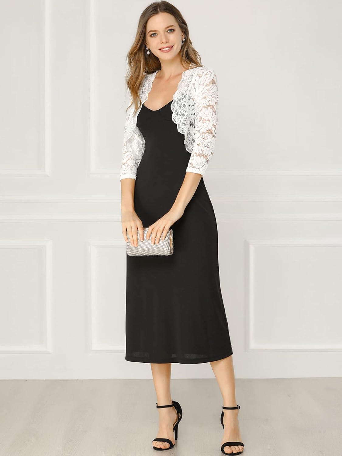 imageAllegra K Womens Elegant 34 Sleeve Sheer Floral Lace Shrug TopWhite