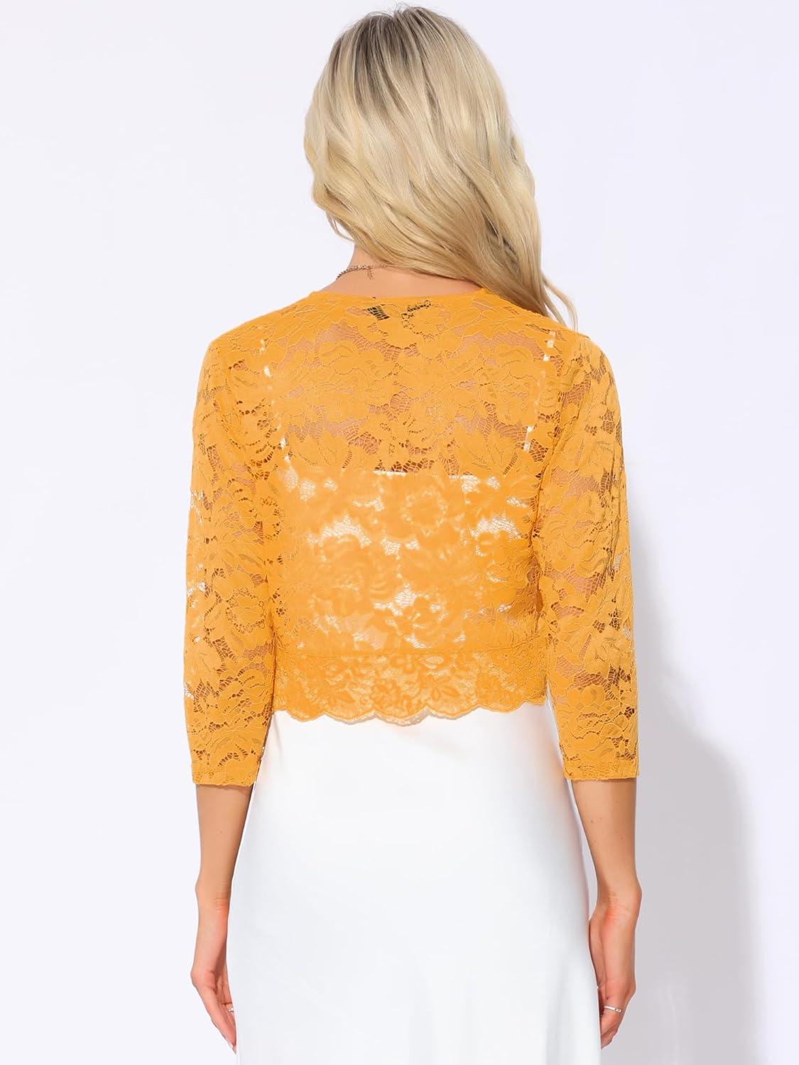 imageAllegra K Womens Elegant 34 Sleeve Sheer Floral Lace Shrug TopYellow