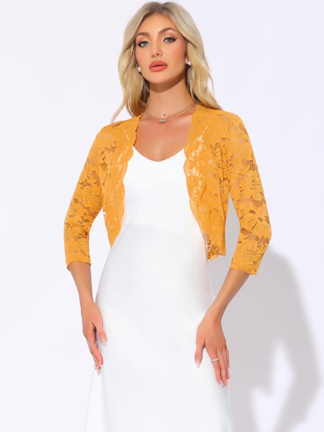 imageAllegra K Womens Elegant 34 Sleeve Sheer Floral Lace Shrug TopYellow