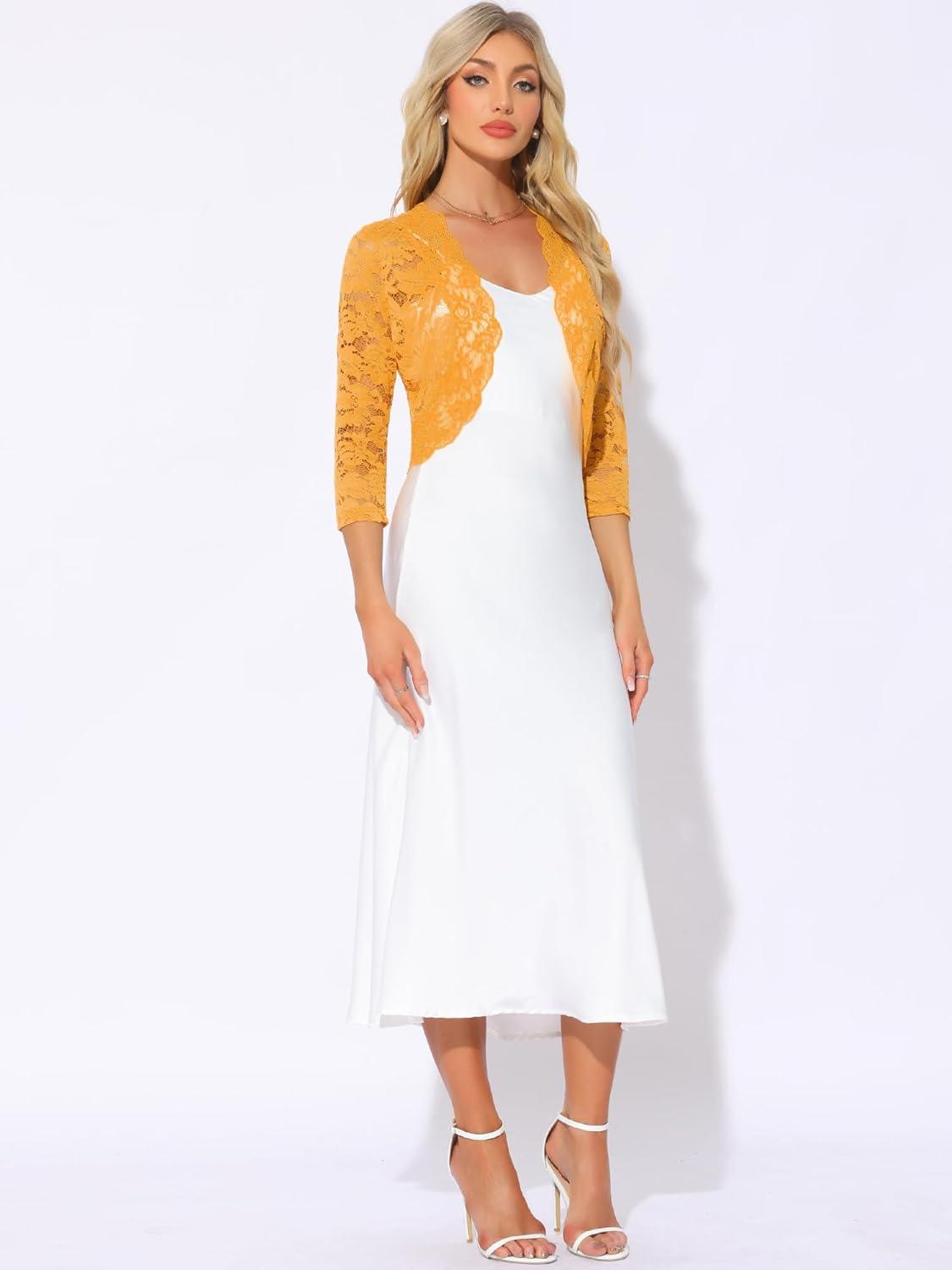imageAllegra K Womens Elegant 34 Sleeve Sheer Floral Lace Shrug TopYellow
